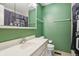Stylish green bathroom featuring a modern sink vanity, well-lit mirror, and a shower with a gray curtain at 1250 W 141St St, Carmel, IN 46032