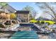 Backyard featuring an in-ground pool, patio furniture, fire pit, and stone retaining walls at 241 Melissa Ann Ct, Indianapolis, IN 46234
