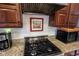 Close-up of the stovetop in a kitchen featuring a stainless steel range hood and granite countertops at 8220 Traders Hollow Ct, Indianapolis, IN 46278