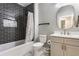 Stylishly decorated bathroom with a modern sink and vanity with matte black subway tile in shower at 1041 S State Ave, Indianapolis, IN 46203