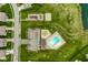 Overhead view of community pool, playground, and parking, nestled amongst lush green lawns and trees at 12127 Whisper Ridge Dr, Noblesville, IN 46060