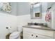 Cozy half-bathroom with white wainscoting, a decorative mirror, and stylish fixtures at 12433 Harvest Glen Blvd, Fishers, IN 46037