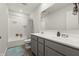 Bright bathroom with a double-sink vanity, a shower-tub combo, and grey walls at 1399 Hat Band St, Danville, IN 46122