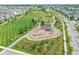 Aerial shot of the community park featuring walking paths, a playground, and a gazebo, surrounded by neatly mowed lawns at 15304 Fairlands Dr, Westfield, IN 46074