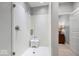 Modern shower stall with glass door and walls, featuring a bench and contemporary hardware at 1621 Rosebud Ln, Greenwood, IN 46143