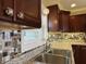 Close up on stainless kitchen sink with granite countertop and tile backsplash at 204 W Pullman St, Waldron, IN 46182