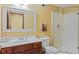 Bathroom features a glass door shower, a white vanity and mirror with a dark wood cabinet at 3608 Olive Branch Rd, Greenwood, IN 46143
