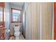 A bathroom features white toilet, patterned shower curtain and a window view at 3608 Olive Branch Rd, Greenwood, IN 46143