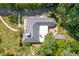 An aerial shot of the backyard with the patio with an orange umbrella, the house's roof and surrounding greenery at 6980 N Pennsylvania St, Indianapolis, IN 46220