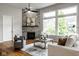 Inviting living room boasts a stone fireplace, large windows, and hardwood flooring at 12167 Ams Run, Carmel, IN 46032