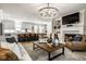 Open concept living room features a fireplace, kitchen with island, and a dining area, great for entertaining at 13018 Deerstyne Green St, Carmel, IN 46032