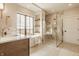 Elegant bathroom featuring a large bathtub, marble countertops, sleek cabinetry, and a glass-enclosed shower at 3787 Cherwell Dr, Zionsville, IN 46077