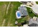 An aerial view displays the in-ground pool surrounded by flourishing green grass and colorful trees at 1358 Rutherglen Ct, Danville, IN 46122