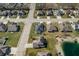 An aerial view displays homes by the community pond and beach at 4347 Westminster Pl, Columbus, IN 47201