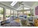 Sunroom with skylights, brick flooring, wicker furniture, and an exterior view at 7943 Beaumont Green East Dr, Indianapolis, IN 46250