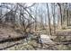 Backyard with a small stream and bridge surrounded by mature trees at 6149 W Country Ln, Anderson, IN 46011