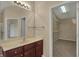 Bathroom vanity with a large mirror and a view of the walk-in closet at 6806 Powder Dr, Indianapolis, IN 46259