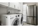 Modern laundry room with front load washer and dryer, storage cabinets, and stainless refrigerator at 9559 Summer Hollow Dr, Fishers, IN 46037