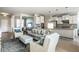 Open living room features stylish furniture, decor, and a seamless transition into the modern kitchen with white cabinetry at 9559 Summer Hollow Dr, Fishers, IN 46037
