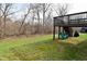 Spacious backyard with chairs under deck and view of natural wooded area at 655 Bracknell Dr, Avon, IN 46123