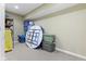 Basement storage area with shelving and storage containers, maximizing space and organization at 10451 Meadow Lake Dr, Fishers, IN 46038