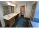 Bathroom featuring double sinks, large mirror, and walk-in shower at 12307 Pebblepointe Pass, Carmel, IN 46033