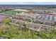 Aerial view highlighting townhome community and proximity to school athletic facilities and parking at 918 Rosalind Pl, Carmel, IN 46032