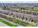 Aerial view of townhomes highlighting the manicured green spaces and tree-lined streets at 918 Rosalind Pl, Carmel, IN 46032