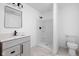 Bathroom featuring granite countertops, a shower stall, and neutral color palette at 2031 Central Ave, Indianapolis, IN 46202