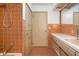 Bathroom showcasing orange tile, cabinets, and a mirror above the sink and a door leading outside at 6461 Sunset Ln, Indianapolis, IN 46260