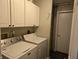 Functional laundry room featuring white cabinets, a modern washer and dryer, and a clean, organized space at 9649 Cedar Cove Ln, Indianapolis, IN 46250