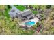 An aerial view shows the in-ground pool and spa, and the professional backyard landscaping of home at 11796 Sycamore St, Zionsville, IN 46077