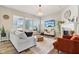Bright living room with a fireplace, TV, modern furniture, wood floors, and lots of natural light at 5944 Aldridge Dr, Whitestown, IN 46075