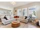Bright living room showcasing a comfortable gray sectional sofa, round wood coffee table, and large windows at 5944 Aldridge Dr, Whitestown, IN 46075