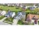 Aerial view of a home with a three-car garage, surrounded by green lawns in a residential neighborhood at 6571 Hunters S Rdg, Zionsville, IN 46077