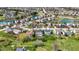 Aerial shot displays residences near a serene pond, featuring playgrounds and generous green spaces between properties at 6571 Hunters S Rdg, Zionsville, IN 46077