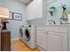 Functional laundry room with modern washer and dryer, white cabinets, and stylish decor at 10744 Eldorado Cir, Noblesville, IN 46060