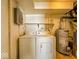 The laundry room has a washer, dryer, water heater, shelves, and concrete flooring at 2207 E Dudley Ave, Indianapolis, IN 46227