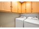 Convenient laundry room featuring modern washer and dryer units with overhead cabinets at 3029 Oberlin Ct, Indianapolis, IN 46268
