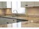 Granite countertops and stainless appliances highlight the white cabinetry in this kitchen at 3705 River Rd, Columbus, IN 47203