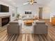 Inviting living room with vaulted ceilings, fireplace, modern furnishings, and light hardwood floors at 3936 Par Dr, Indianapolis, IN 46268