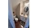 Small, efficiently designed half bath with decorative mirror and bear themed rug at 6812 Cadwell Cir, Indianapolis, IN 46237