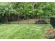 Landscaped backyard with lush greenery, black fencing, and a peaceful outdoor space at 11072 Song Creek Ct, Fishers, IN 46040