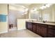 Bright bathroom featuring a double vanity with dark wood cabinets and a tiled walk-in shower at 11072 Song Creek Ct, Fishers, IN 46040