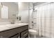 Bathroom with a modern single vanity and a shower-tub combo at 11505 Langton Walk, Zionsville, IN 46077