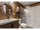 Bathroom with a modern vanity, stylish sink, and a glass-enclosed shower stall at 11925 Piney Glade Rd, Noblesville, IN 46060