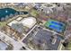 A pool and tennis courts are part of the community amenities in this aerial neighborhood view at 12569 Branford St, Carmel, IN 46032