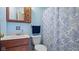 Fresh bathroom features a vanity with storage, a well-lit mirror, and a patterned shower curtain at 1620 S East St, Lebanon, IN 46052