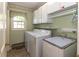 Laundry room with a washer, dryer, cabinets, utility sink, window and shelving at 3548 W 500 North Rd, McCordsville, IN 46055