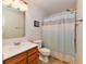 Bathroom featuring a wood vanity, shower with tub, and blue striped curtain at 888 Streamside Dr, Greenfield, IN 46140